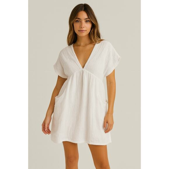 Day + Moon White Linen Gauze V-Neck Tunic Mini Dress Small Bridal Bachelorette - Picture 1 of 8